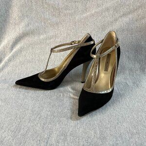 Bandolino Black Suede T-Strap Heels w/ Grey Metallic Trim.  Size 7